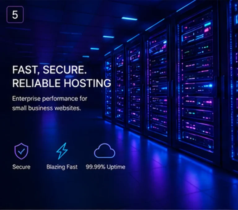 Data centre server racks lit in blue and violet, representing fast secure hosting