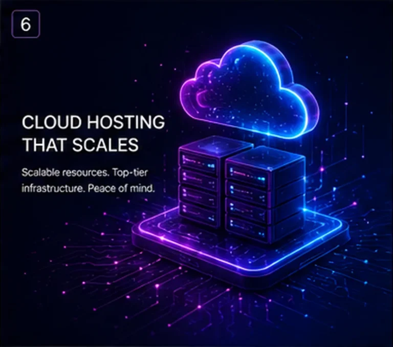 Cloud hosting illustration showing servers beneath a glowing cloud icon