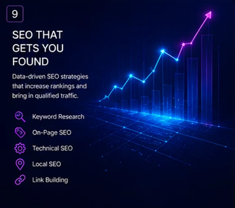 Rising line chart over a data grid representing SEO growth and qualified traffic